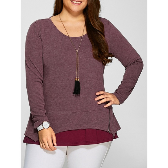 Plus Size Zipper Embellished Layered Long Sleeve T - Picture 1 of 8